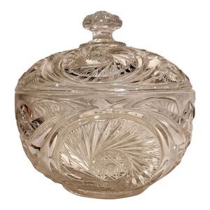Vintage Pressed Glass Lidded Bowl Pinwheel Star Design